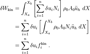 
\begin{align}
\delta W_{\text{kin}} 
 & = \int_{X_a}^{X_b} \left[\sum_{i=1}^n \delta u_i N_i\right]
 \rho_0 A_0 \ddot{u}_h~dX\\
 & = \sum_{i=1}^n \delta u_i \left[\int_{X_a}^{X_b} 
 \rho_0 A_0 N_i \ddot{u}_h~dX\right]\\
 & = \sum_{i=1}^n \delta u_i f_i^{\text{kin}} ~.
\end{align}
