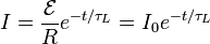 I=\frac{\mathcal{E}}{R}e^{-t/\tau_L}=I_0e^{-t/\tau_L}\,\!