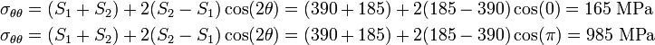 \begin{align}
  \sigma_{\theta\theta} & = 
    (S_1+S_2) + 2(S_2-S_1)\cos(2\theta)
    = (390+185)+2(185-390)\cos(0) = 165~\text{MPa}\\
  \sigma_{\theta\theta} & = 
    (S_1+S_2) + 2(S_2-S_1)\cos(2\theta)
    = (390+185)+2(185-390)\cos(\pi) = 985~\text{MPa}
\end{align}