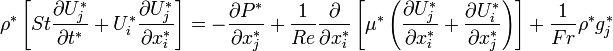\rho^{*}\left[St\frac{\partial U_{j}^{*}}{\partial t^{*}} + U_{i}^{*}\frac{\partial U_{j}^{*}}{\partial x^{*}_{i}}\right] = -\frac{\partial P^{*}}{\partial x_{j}^{*}} + \frac{1}{Re}\frac{\partial}{\partial x_{i}^{*}}\left[\mu^{*}\left(\frac{\partial U_{j}^{*}}{\partial x_{i}^{*}} + \frac{\partial U_{i}^{*}}{\partial x_{j}^{*}}\right) \right] + \frac{1}{Fr}\rho^{*}g^{*}_{j}