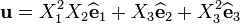      \mathbf{u} = X_1^2 X_2 \widehat{\mathbf{e}}_{1} + X_3 \widehat{\mathbf{e}}_{2} + X_3^2 \widehat{\mathbf{e}}_{3}
   