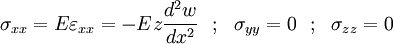 
  \sigma_{xx} = E\varepsilon_{xx} = -Ez\frac{d^2 w}{dx^2} ~~;~~ \sigma_{yy} = 0
   ~~;~~ \sigma_{zz} = 0
