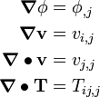 \begin{align}
  \boldsymbol{\nabla}{\phi} & = \phi_{,j} \\
  \boldsymbol{\nabla}{\mathbf{v}} & =  v_{i,j} \\
  \boldsymbol{\nabla}\bullet{\mathbf{v}} & = v_{j,j} \\
  \boldsymbol{\nabla}\bullet{\mathbf{T}} & = T_{ij,j}
\end{align}