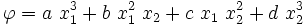 
     \varphi = a~x_1^3 + b~x_1^2~x_2 + c~x_1~x_2^2 + d~x_2^3
  