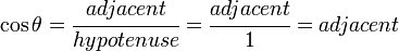 \cos \theta = \cfrac{adjacent}{hypotenuse} = \cfrac{adjacent}{1} = adjacent