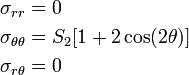 \begin{align}
  \sigma_{rr} & = 0 \\
  \sigma_{\theta\theta} & = S_2[1 + 2\cos(2\theta)]\\
  \sigma_{r\theta} & = 0
\end{align}