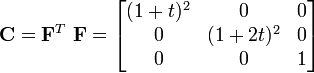 
 \mathbf{C} = \mathbf{F}^T~\mathbf{F} = \begin{bmatrix}
(1+t)^2 & 0 & 0 \\
0 & (1+2t)^2 & 0 \\
0 & 0 & 1
\end{bmatrix}
