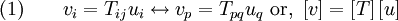 \text{(1)} \qquad 
   v_i = T_{ij} u_i \leftrightarrow v_p = T_{pq} u_q ~\text{or,}~ 
   \left[v\right] = \left[T\right] \left[u\right]
