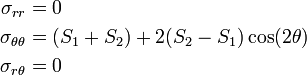 \begin{align}
  \sigma_{rr} & = 0 \\
  \sigma_{\theta\theta} & = (S_1+S_2) + 2(S_2-S_1)\cos(2\theta)\\
  \sigma_{r\theta} & = 0 
\end{align}