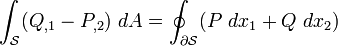 
   \int_{\mathcal S} (Q_{,1} - P_{,2})~dA = \oint_{\partial{\mathcal S}}
    (P~dx_1 + Q~dx_2)
