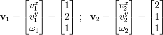 
\mathbf{v}_1 = \begin{bmatrix} v_1^x \\ v_1^y \\ \omega_1 \end{bmatrix} =
\begin{bmatrix} 1 \\ 2 \\ 1 \end{bmatrix} ~;~~
\mathbf{v}_2 = \begin{bmatrix} v_2^x \\ v_2^y \\ \omega_2 \end{bmatrix} =
\begin{bmatrix} 2 \\ 1 \\ 1 \end{bmatrix}
