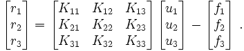 
    \begin{bmatrix} r_1 \\ r_2 \\ r_3 \end{bmatrix} = 
    \begin{bmatrix} K_{11} & K_{12} & K_{13} \\
                    K_{21} & K_{22} & K_{23} \\ K_{31} & K_{32} & K_{33}
    \end{bmatrix}
    \begin{bmatrix} u_1 \\ u_2 \\ u_3 \end{bmatrix} - 
    \begin{bmatrix} f_1 \\ f_2 \\ f_3 \end{bmatrix} ~.
  