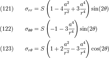 \begin{align}
    \text{(121)}\qquad \sigma_{rr} & =
       S\left(1 - 4\cfrac{a^2}{r^2} + 3\cfrac{a^4}{r^4}\right)\sin(2\theta)
       \\
    \text{(122)}\qquad \sigma_{\theta\theta} & =
       S\left(-1 - 3\cfrac{a^4}{r^4}\right)\sin(2\theta)
       \\
    \text{(123)}\qquad \sigma_{r\theta} & =
       S\left(1 + 2\cfrac{a^2}{r^2} - 3\cfrac{a^4}{r^4}\right)\cos(2\theta)
  \end{align}