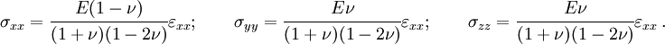 
   \sigma_{xx} = \cfrac{E(1-\nu)}{(1+\nu)(1-2\nu)}\varepsilon_{xx};
   \qquad
   \sigma_{yy} = \cfrac{E\nu}{(1+\nu)(1-2\nu)}\varepsilon_{xx};
   \qquad
   \sigma_{zz} = \cfrac{E\nu}{(1+\nu)(1-2\nu)}\varepsilon_{xx}~.
 