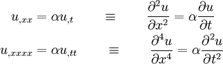 
{
\begin{align}
u_{,xx} &= \alpha u_{,t} \qquad \equiv \qquad
\frac{\partial ^2u}{\partial x^2}=\alpha \frac{\partial u}{\partial t} \\
u_{,xxxx} &= \alpha u_{,tt}\qquad \equiv \qquad
\frac{\partial ^4u}{\partial x^4}=\alpha \frac{\partial ^2u}{\partial t^2}
\end{align}
}
