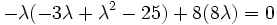 
      -\lambda(-3\lambda+\lambda^2-25) + 8(8\lambda) = 0
    