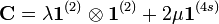 
           \mathbf{C} = \lambda \mathbf{1}^{(2)}\otimes\mathbf{1}^{(2)} +
                 2\mu\mathbf{1}^{(4s)}
        