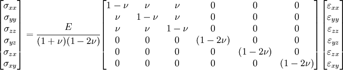 
   \begin{bmatrix}
   \sigma_{xx} \\ \sigma_{yy} \\ \sigma_{zz} \\
   \sigma_{yz} \\ \sigma_{zx} \\ \sigma_{xy}
   \end{bmatrix}
   = \cfrac{E}{(1+\nu)(1-2\nu)}
   \begin{bmatrix}
   1-\nu & \nu & \nu & 0 & 0 & 0 \\
   \nu & 1-\nu & \nu & 0 & 0 & 0 \\
   \nu & \nu & 1-\nu & 0 & 0 & 0 \\
  0& 0 & 0 & (1-2\nu) & 0 & 0 \\
  0& 0 & 0 & 0 & (1-2\nu) & 0 \\
  0& 0 & 0 & 0 & 0 & (1-2\nu)
   \end{bmatrix}
   \begin{bmatrix}
   \varepsilon_{xx} \\ \varepsilon_{yy} \\ \varepsilon_{zz} \\
   \varepsilon_{yz} \\ \varepsilon_{zx} \\ \varepsilon_{xy}
   \end{bmatrix}
 