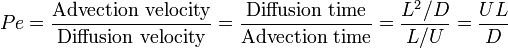 \ Pe=\frac{\text{Advection velocity}}{\text{Diffusion velocity}}=\frac{\text{Diffusion time}}{\text{Advection time}}=\frac{L^2/D}{L/U}=\frac{U L}{D} 