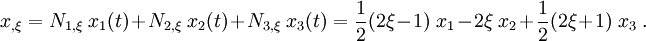 
x_{,\xi} = N_{1,\xi}~x_1(t) + N_{2,\xi}~x_2(t) + N_{3,\xi}~x_3(t) 
 = \frac{1}{2}(2\xi-1)~x_1 - 2\xi~x_2 + \frac{1}{2}(2\xi+1)~x_3 ~.
