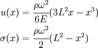
    {
    \begin{align}
      u(x) & = \cfrac{\rho\omega^2}{6E}(3L^2x - x^3) \\
      \sigma(x) & = \cfrac{\rho\omega^2}{2}(L^2 - x^2) 
    \end{align}
    }
  