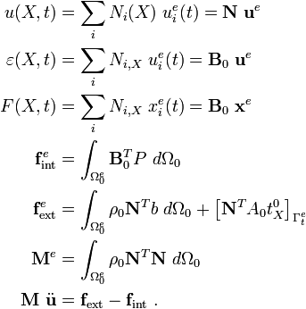 
{
\begin{align}
u(X,t) & = \sum_i N_i(X)~u_i^e(t) = \mathbf{N}~\mathbf{u}^e \\
\varepsilon(X,t) & = \sum_i N_{i,X}~u_i^e(t) = \mathbf{B}_0~\mathbf{u}^e \\
F(X,t) & = \sum_i N_{i,X}~x_i^e(t) = \mathbf{B}_0~\mathbf{x}^e \\
\mathbf{f}^e_{\text{int}} & = \int_{\Omega_0^e} \mathbf{B}_0^T P~d\Omega_0 \\
\mathbf{f}^e_{\text{ext}} & = \int_{\Omega_0^e} \rho_0 \mathbf{N}^Tb~d\Omega_0 +
 \left[\mathbf{N}^T A_0 t_X^0 \right]_{\Gamma_t^e} \\
\mathbf{M}^e & = \int_{\Omega_0^e} \rho_0 \mathbf{N}^T \mathbf{N} ~d\Omega_0 \\
\mathbf{M}~\ddot{\mathbf{u}} & = \mathbf{f}_{\text{ext}} - \mathbf{f}_{\text{int}} ~.
\end{align}
}
