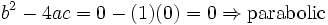 
{
b^2-4ac = 0-(1)(0)=0 \Rightarrow \text{parabolic}
}
