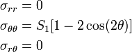 \begin{align}
  \sigma_{rr} & = 0 \\
  \sigma_{\theta\theta} & = S_1[1 - 2\cos(2\theta)]\\
  \sigma_{r\theta} & = 0
\end{align}