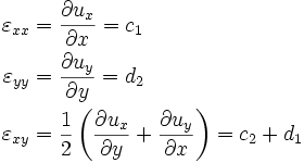 
\begin{align}
\varepsilon_{xx} & = \frac{\partial u_x}{\partial x} = c_1 \\
\varepsilon_{yy} & = \frac{\partial u_y}{\partial y} = d_2 \\
\varepsilon_{xy} & = 
 \frac{1}{2}\left(\frac{\partial u_x}{\partial y}+\frac{\partial u_y}{\partial x}\right) = c_2 + d_1 
\end{align}
