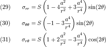\begin{align}
   \text{(29)} \qquad   \sigma_{rr} & = 
       S\left(1 - 4\frac{a^2}{r^2} + 3\frac{a^4}{r^4}\right)\sin(2\theta)
       \\
   \text{(30)} \qquad  \sigma_{\theta\theta} & = 
       S\left(-1 - 3\frac{a^4}{r^4}\right)\sin(2\theta)
        \\
   \text{(31)} \qquad   \sigma_{r\theta} & = 
       S\left(1 + 2\frac{a^2}{r^2} - 3\frac{a^4}{r^4}\right)\cos(2\theta)   
\end{align}