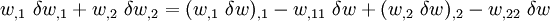 
  w_{,1}~\delta w_{,1} + w_{,2}~\delta w_{,2} = 
  (w_{,1}~\delta w)_{,1} - w_{,11}~\delta w + 
  (w_{,2}~\delta w)_{,2} - w_{,22}~\delta w
