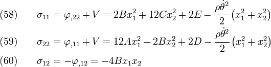 \begin{align}
    \text{(58)}\qquad \sigma_{11} & = \varphi_{,22} + V = 2 B x_1^2 + 12 C x_2^2 + 2 E
      -\cfrac{\rho\dot{\theta}^2}{2} \left(x_1^2 + x_2^2\right)\\
    \text{(59)}\qquad\sigma_{22} & = \varphi_{,11} + V = 12 A x_1^2 + 2 B x_2^2 +  2 D
      -\cfrac{\rho\dot{\theta}^2}{2} \left(x_1^2 + x_2^2\right)\\
    \text{(60)}\qquad\sigma_{12} & = -\varphi_{,12} =  - 4 B x_1 x_2 
  \end{align}